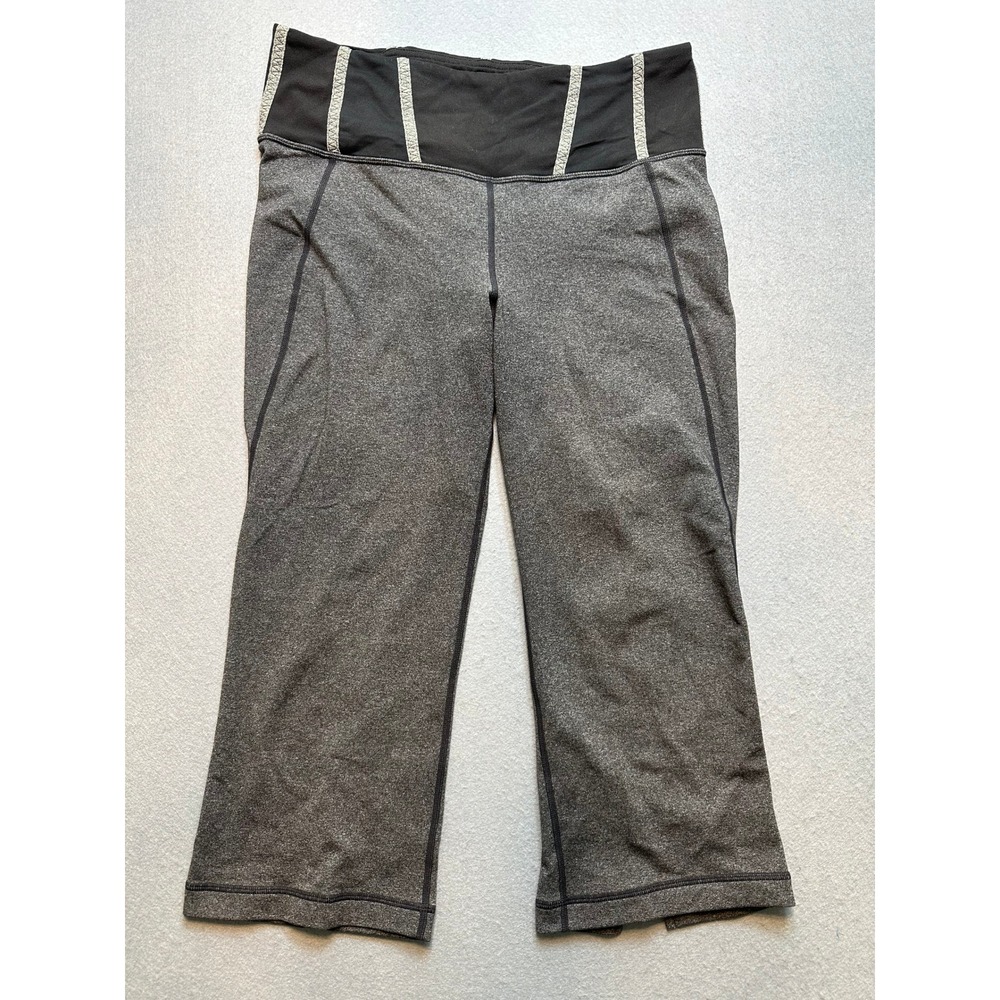 Lululemon Gray Heather Cropped Yoga Pants Black Waistband Split Hem Size 10 - 94